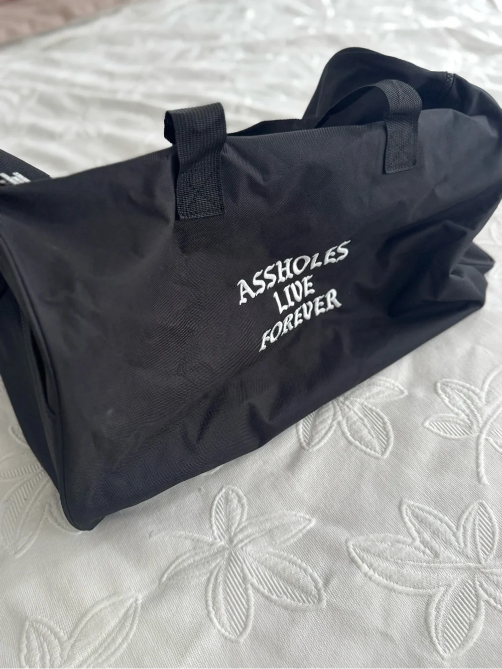 Black Duffel Bag with Bold White 'DRUG MONEY' Branding